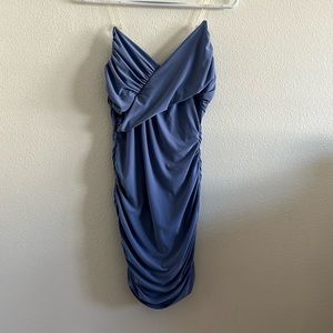 Fashion Nova Periwinkle/Blue Ruched V-Neck Clear Strap Bodycon Mini Dress